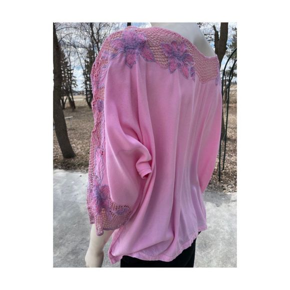SOLD Vintage | 80s Dolman Sleeve Top Pink Purple Floral Lace 3/4 Sleeve L/XL - Picture 7 of 15